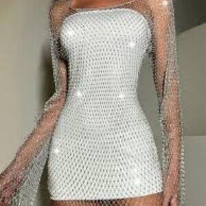 White Long-Sleeve Mesh Overlay Bodycon Dress